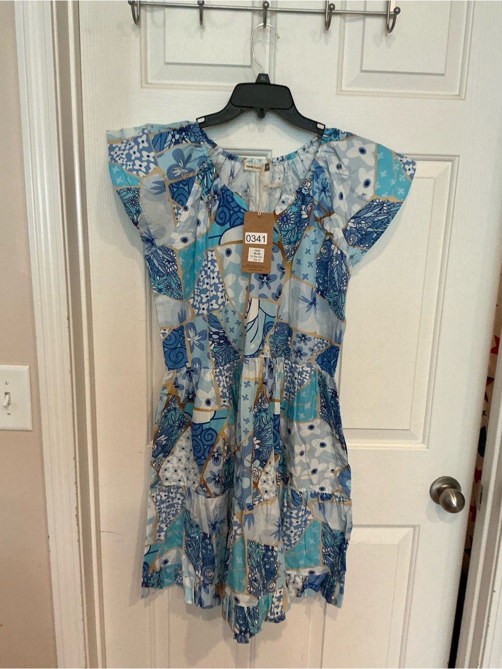 Blue Patchwork Midi Dress with Flutter Sleeves